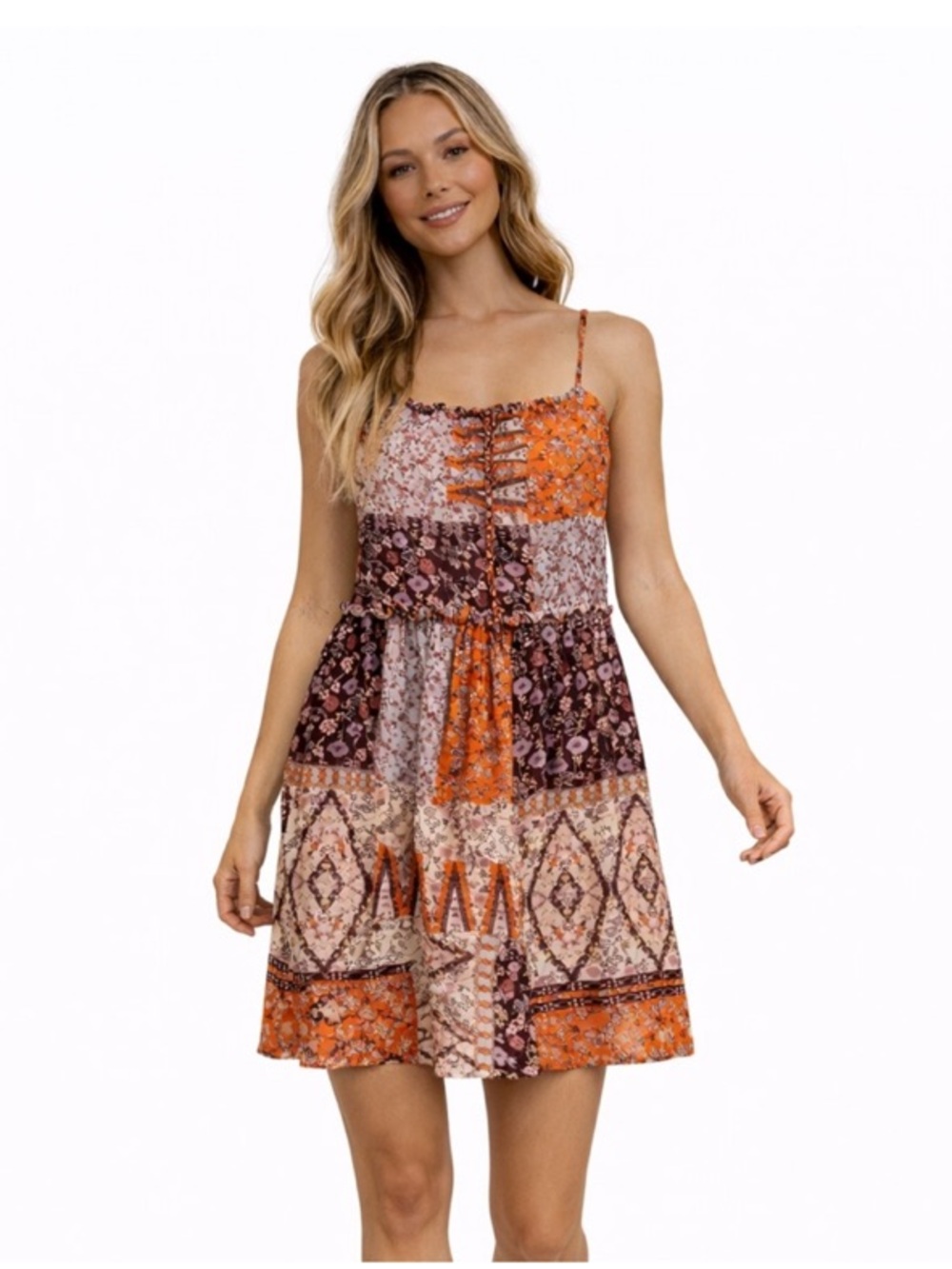 Love Elizabeth Patchwork Floral Boho Mini Dress Small NWT
